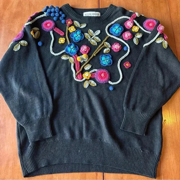 90s Vintage CHUNKY 3D Crochet Flower Sweater Victoria Harbour Sz L Grandmacore - Picture 2 of 12